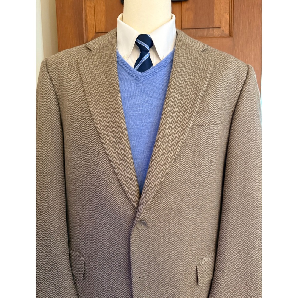 Alan Lebow Herringbone Sport Coat Mens 44R Tan Wool Cashmere Blazer Jacket